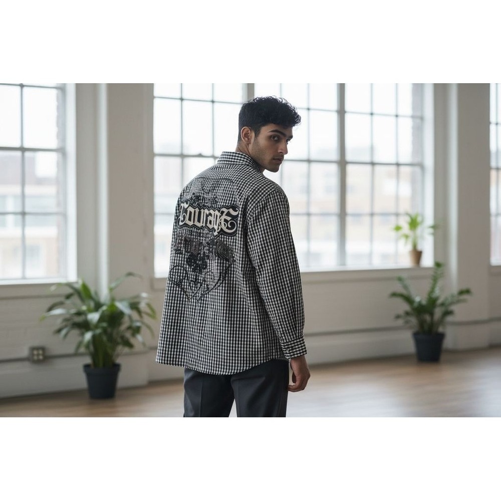 Blac Label Y2K Men's Checkered Long Sleeve Button-Up Shirt Black‎ Courage XXL